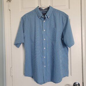 Mason James Short Sleeve Button Up Shirt Mens L Blue White Check Stretch Preppy